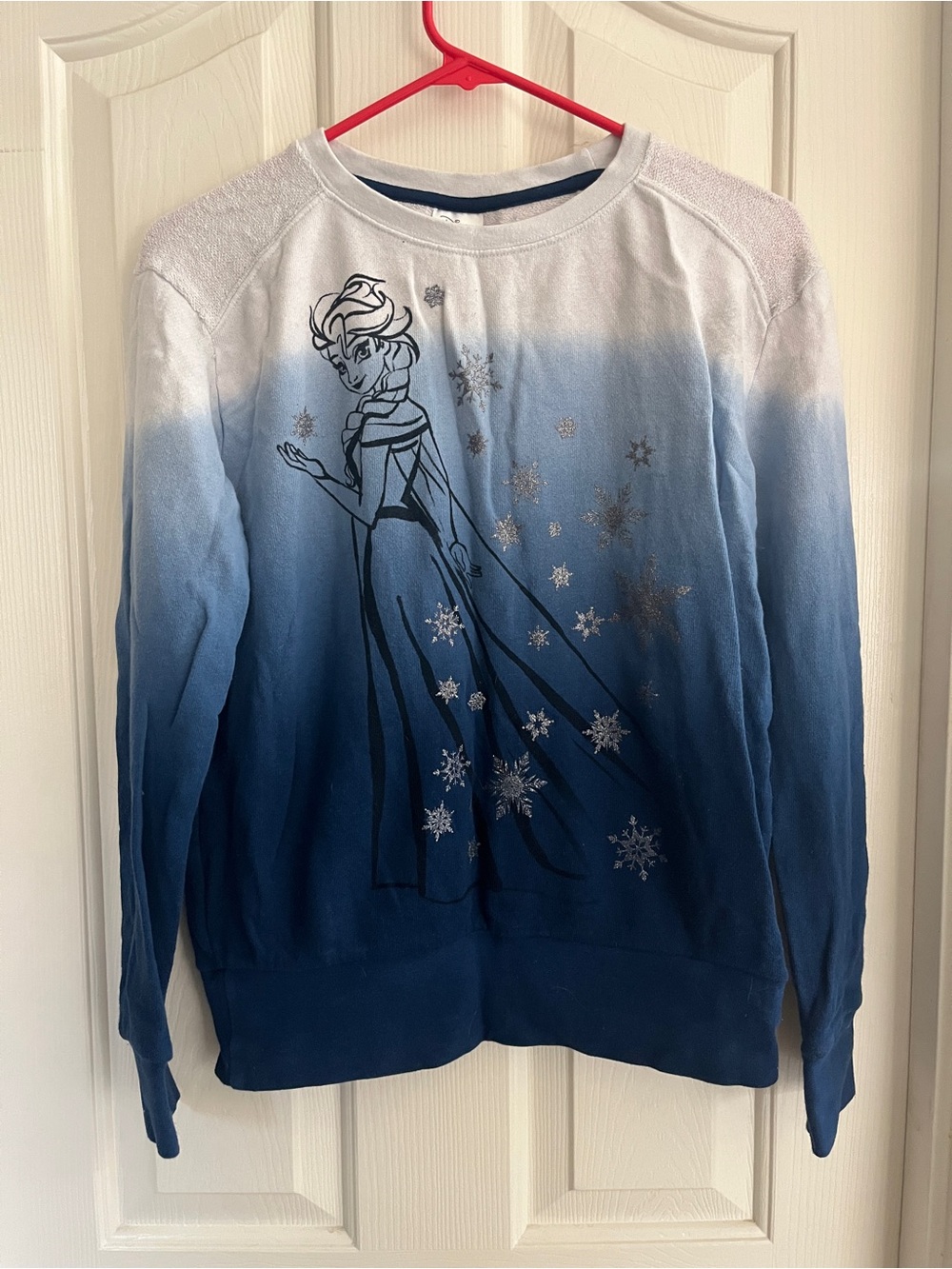 Disney White to Blue Ombre Elsa Sweatshirt with Silver Snowflakes